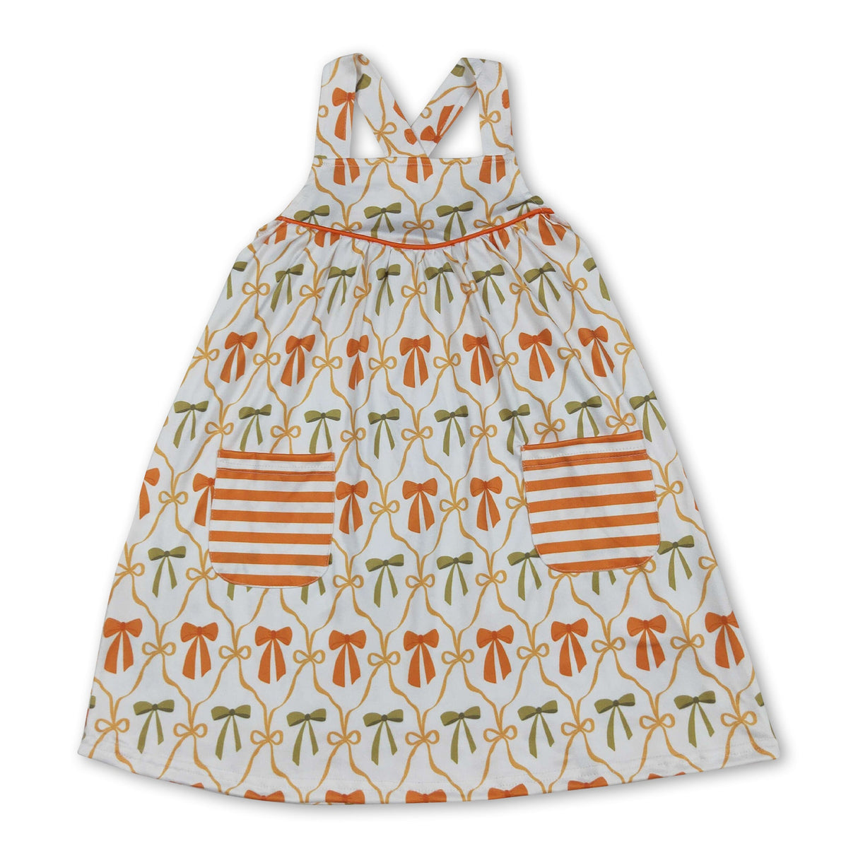 Straps orange bows stripe pockets girls fall dresses