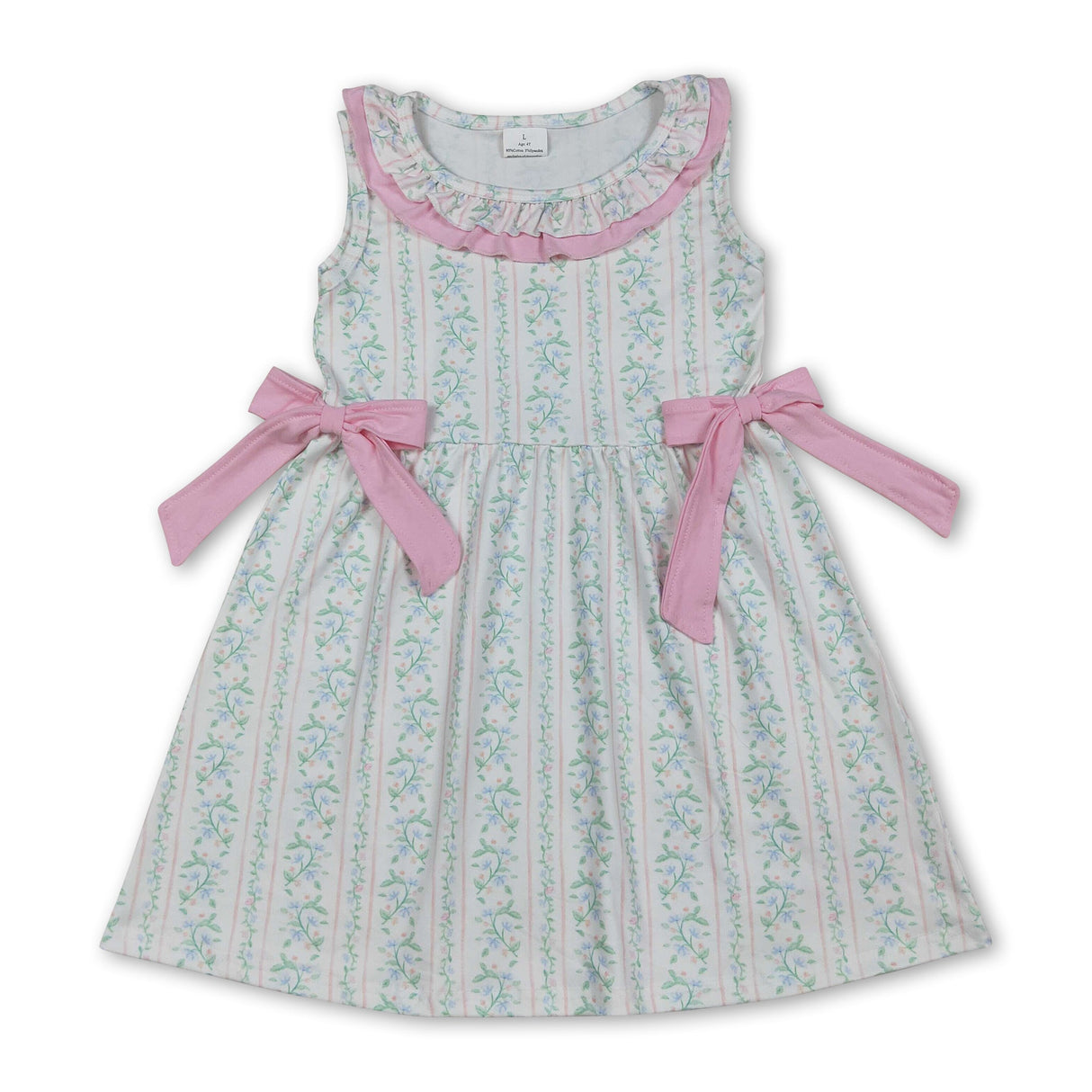 Pink bow floral ruffle sleeveless girls summer dresses