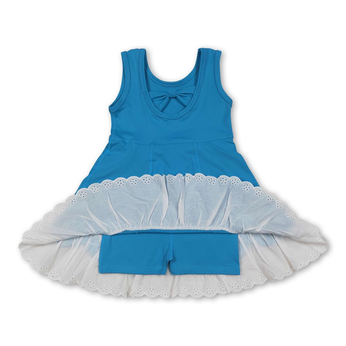Blue sleeveless lace ruffle kids girls athletic dresses