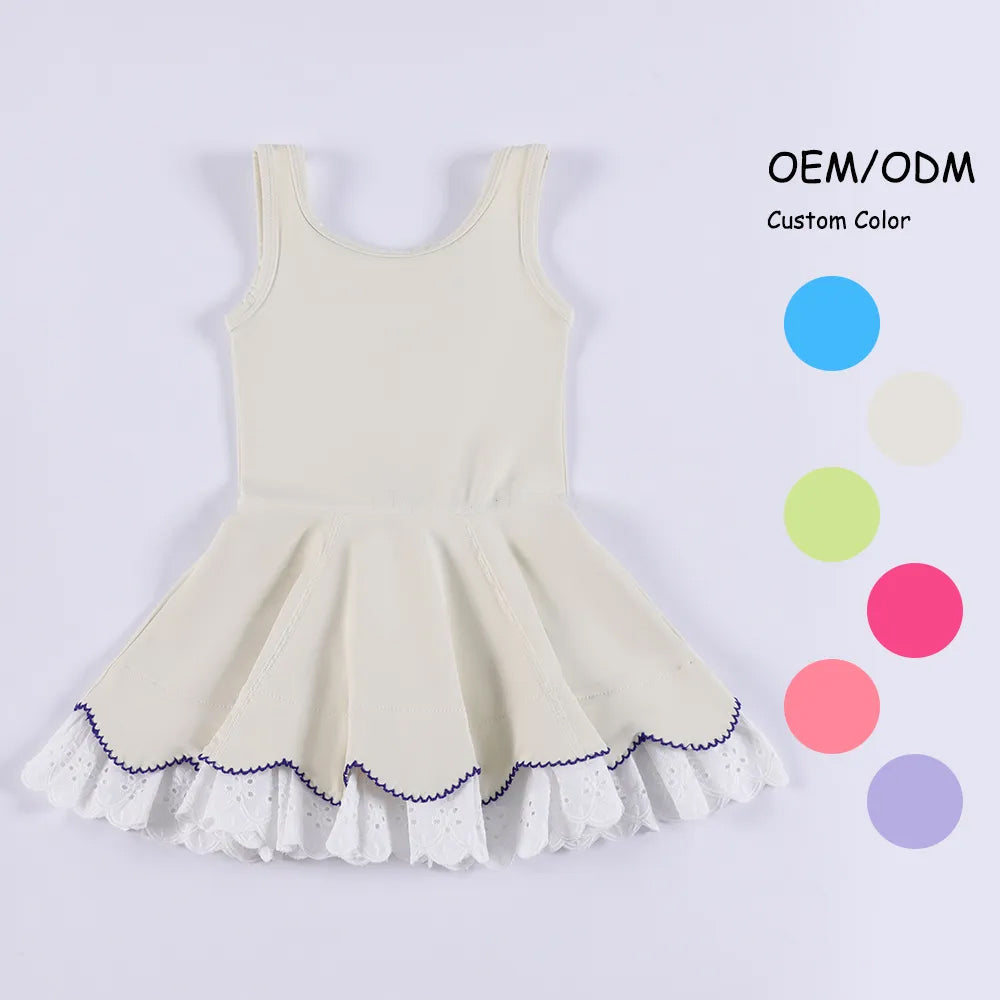 Beige sleeveless lace ruffle kids girls athletic dresses