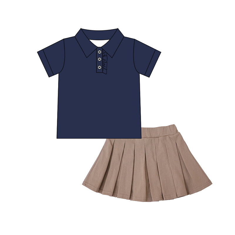 Navy cotton ruffle polo shirt khaki pleated skirt girls clothes
