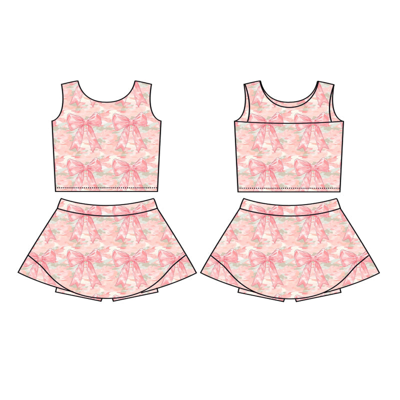 Sleeveless bow top skirt girls summer activewear set