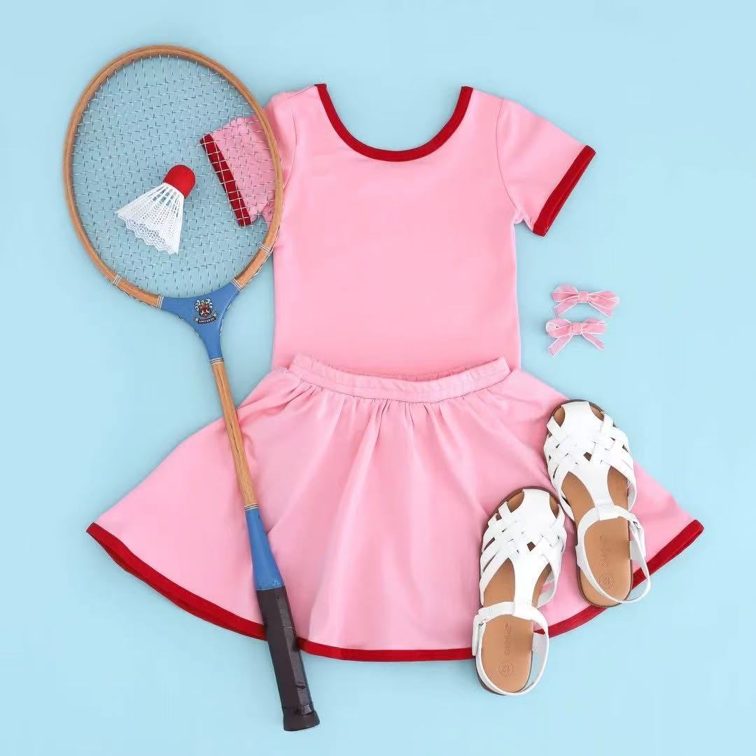 Pink short sleeves top skirt girls tennis activewear set
