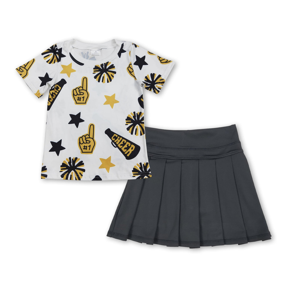 Gold cheer top black pleated active skirt girls clothing set