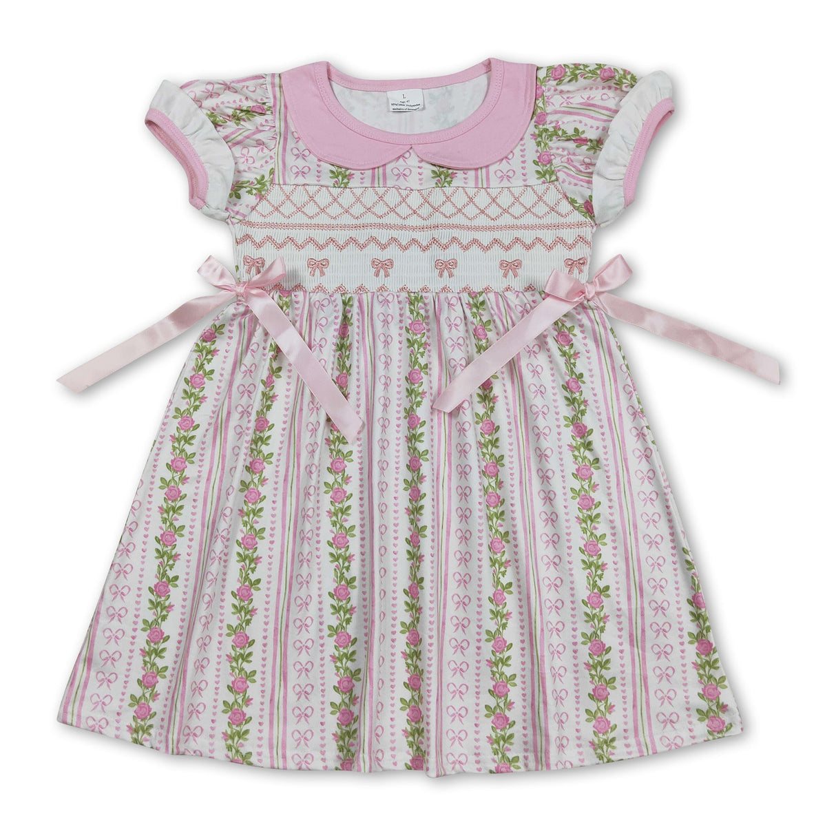 Short sleeves bow smocked floral girls summer dresses