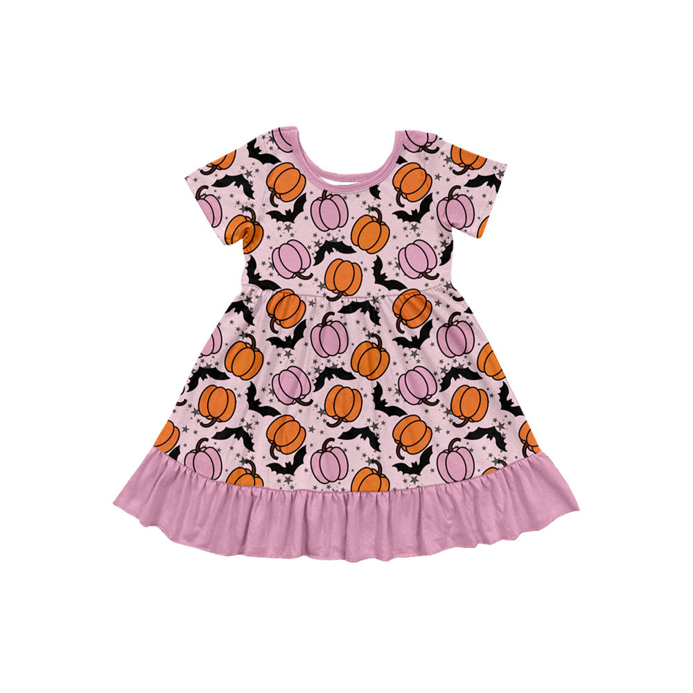 Short sleeves pumpkin bat ruffle baby girls Halloween dress
