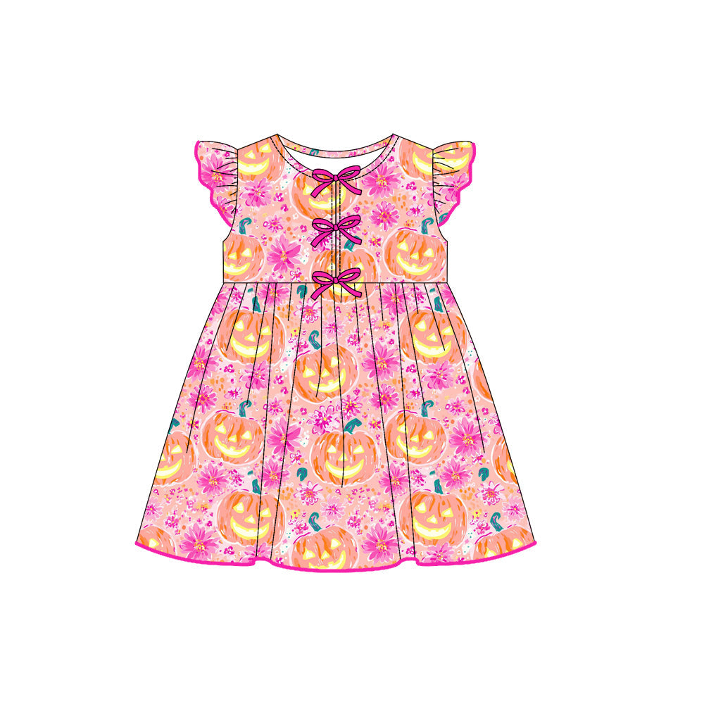 Flutter sleeves floral pumpkin bow baby girls Halloween dress