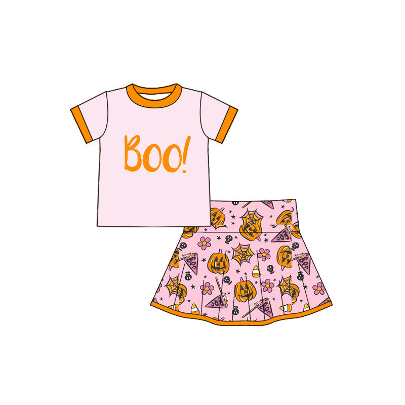 Short sleeves boo top pumpkin skirt girls Halloween clothing
