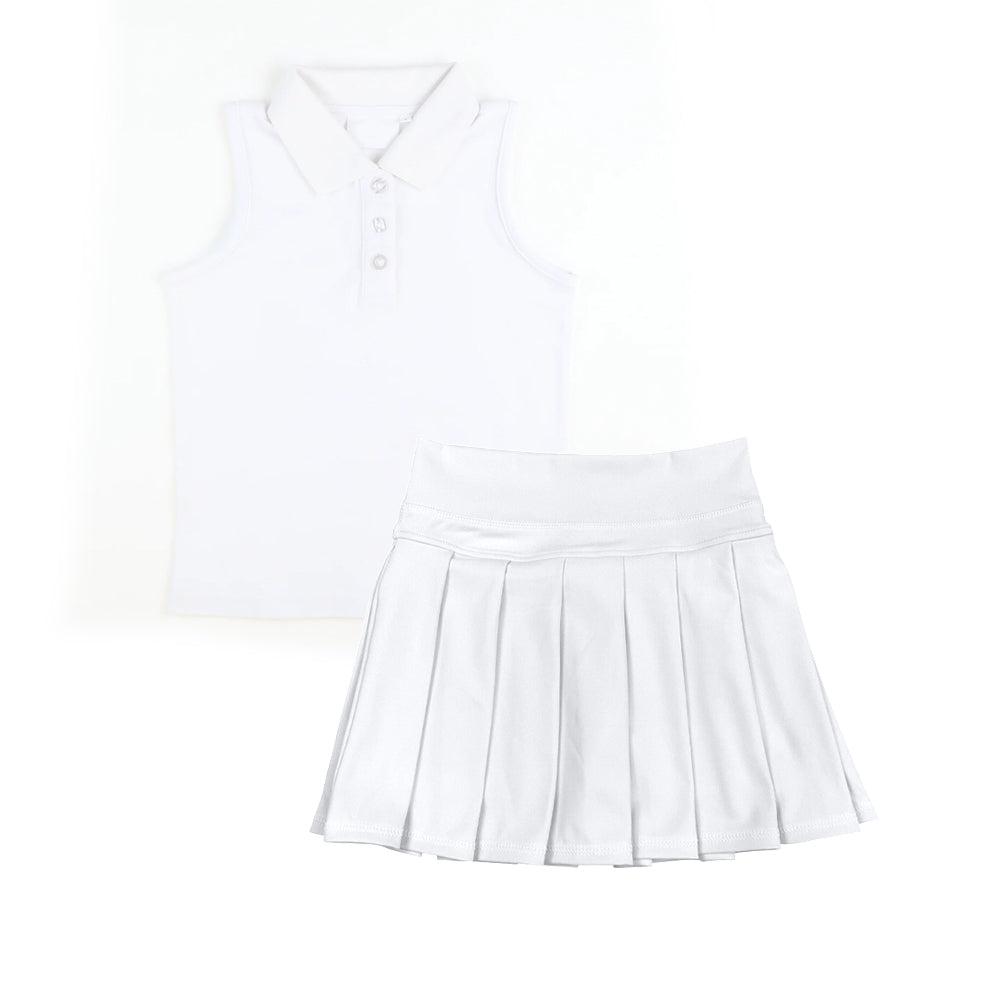 Sleeveless white polo shirt pleated skirt girls activewear set