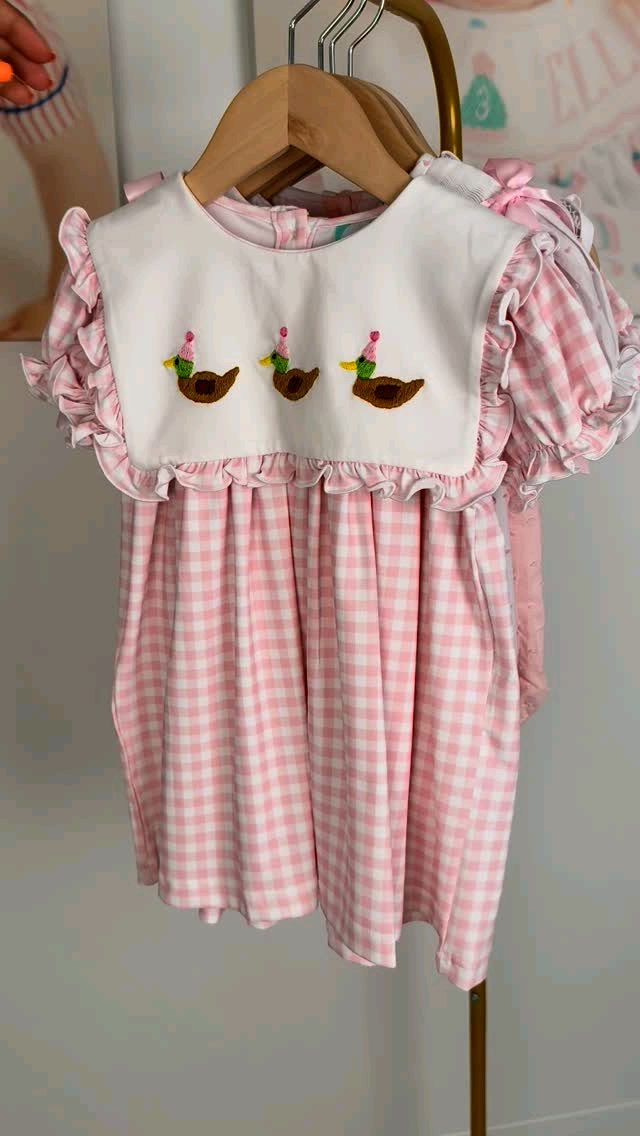 Short sleeves plaid duck Happy Birthday girls dresses