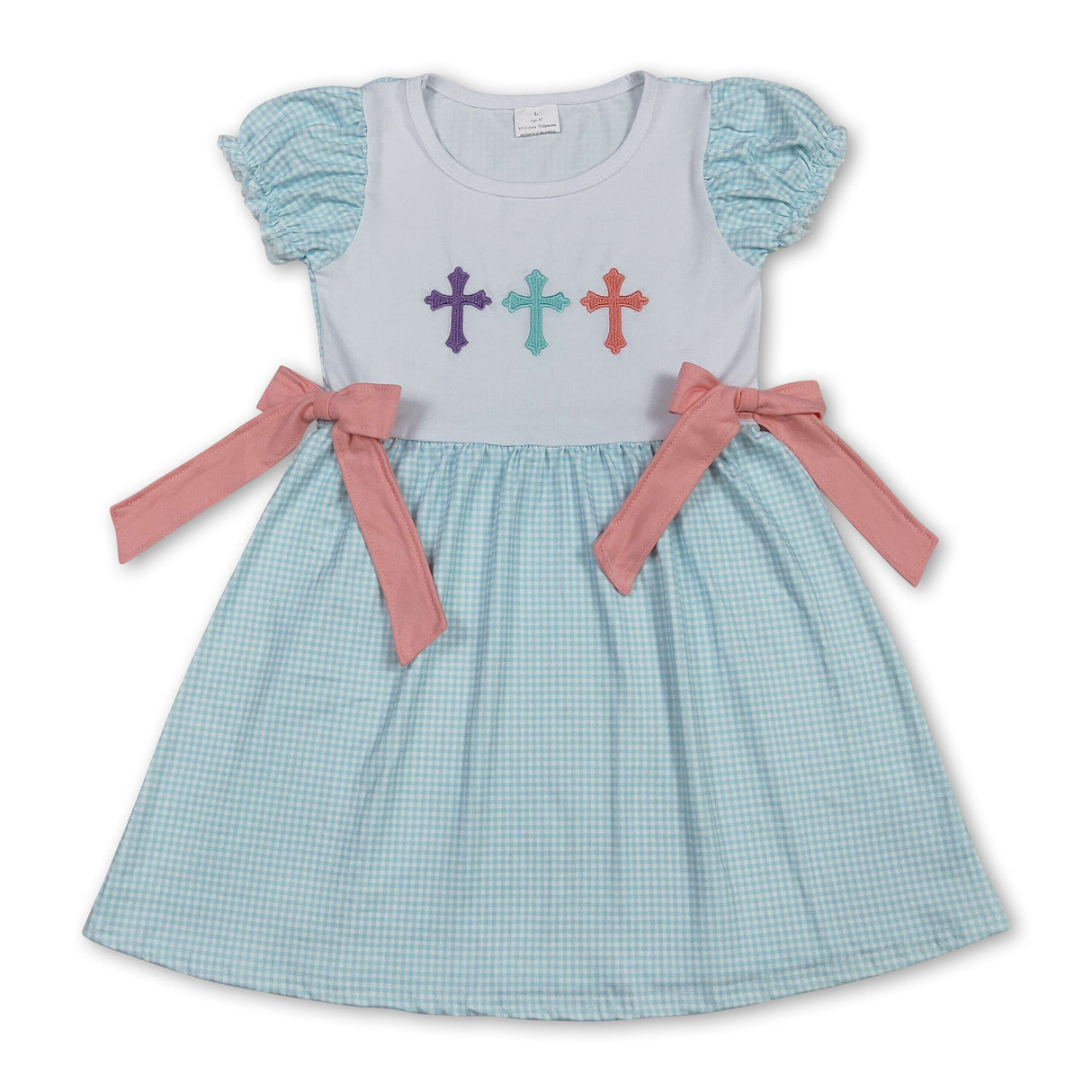 Short sleeves plaid cross kids girls Easter dresses