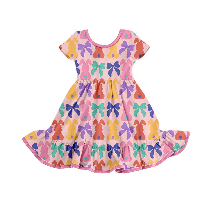 pink colorful bows print ruffle sleeve girl dress
