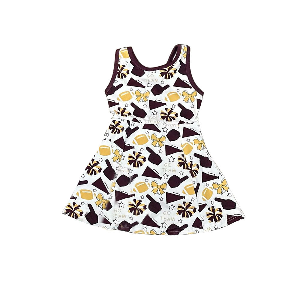 brown gesture yellow bows football print sleeveless girl yoga dress