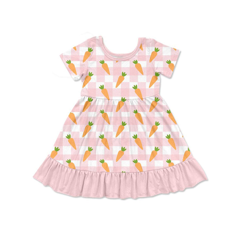 pink carrot print short sleeve girl dress
