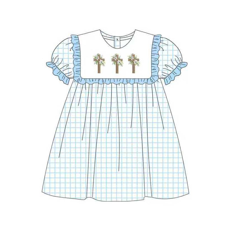 blue plaid cross print short sleeve girl dress