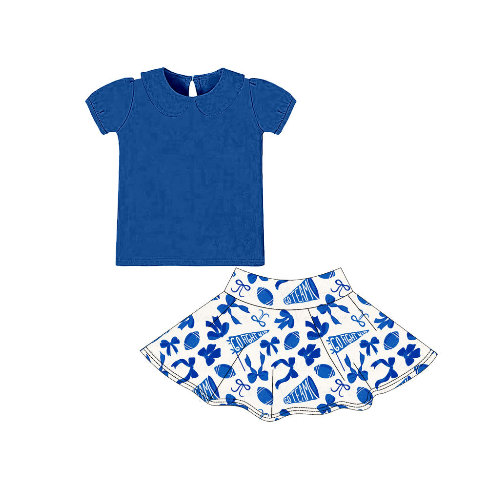 blue bows football short sleeves top skorts kids girls clothing set