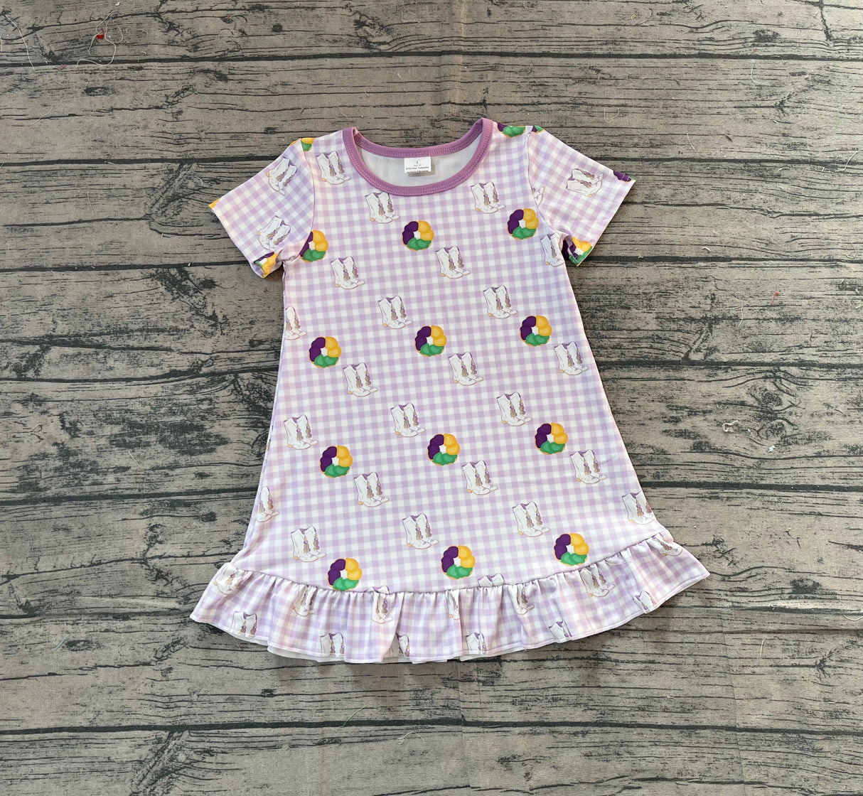 Plaid purple yellow green donut boots girls Mardi Gras dress