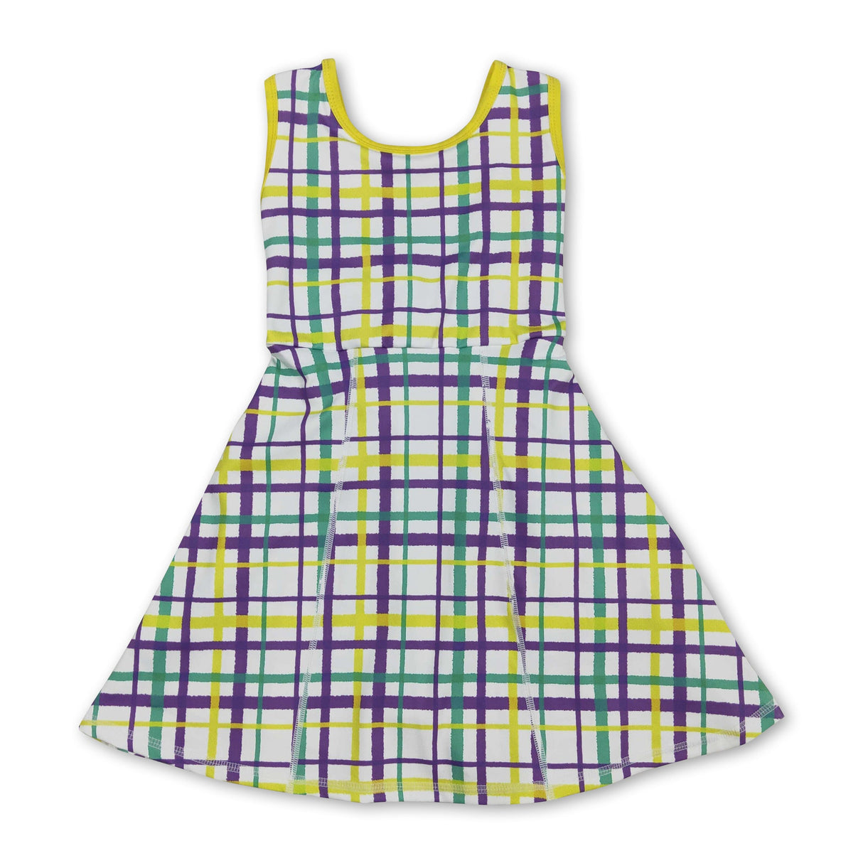 Yellow green purple plaid girls Mardi Gras athletic dress