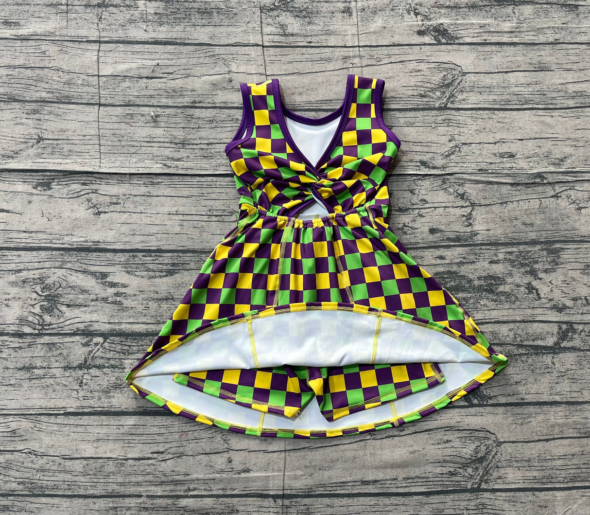 Yellow green purple plaid kids girls Mardi Gras athletic dress