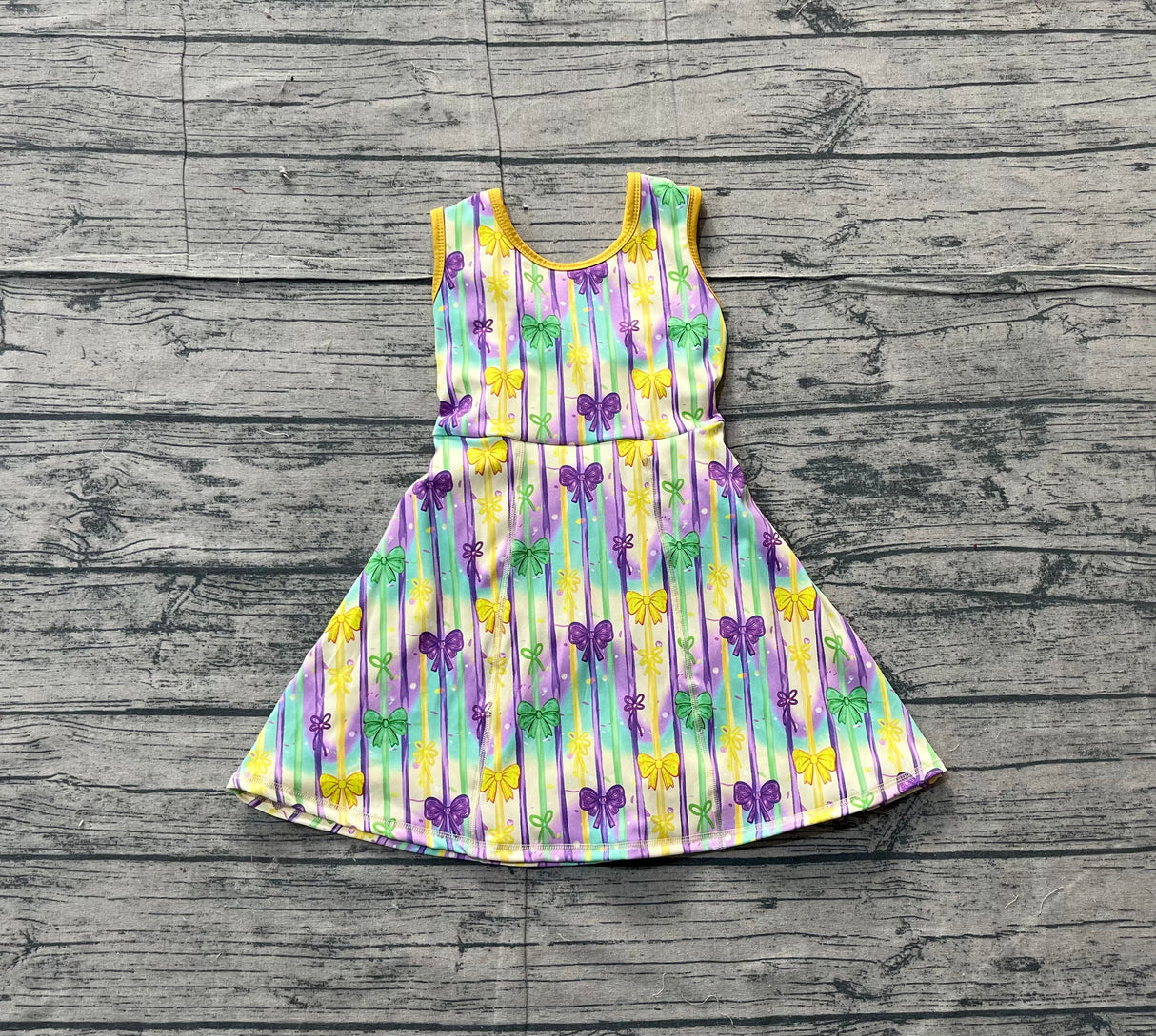 Yellow green purple bow kids girls Mardi Gras athletic dress
