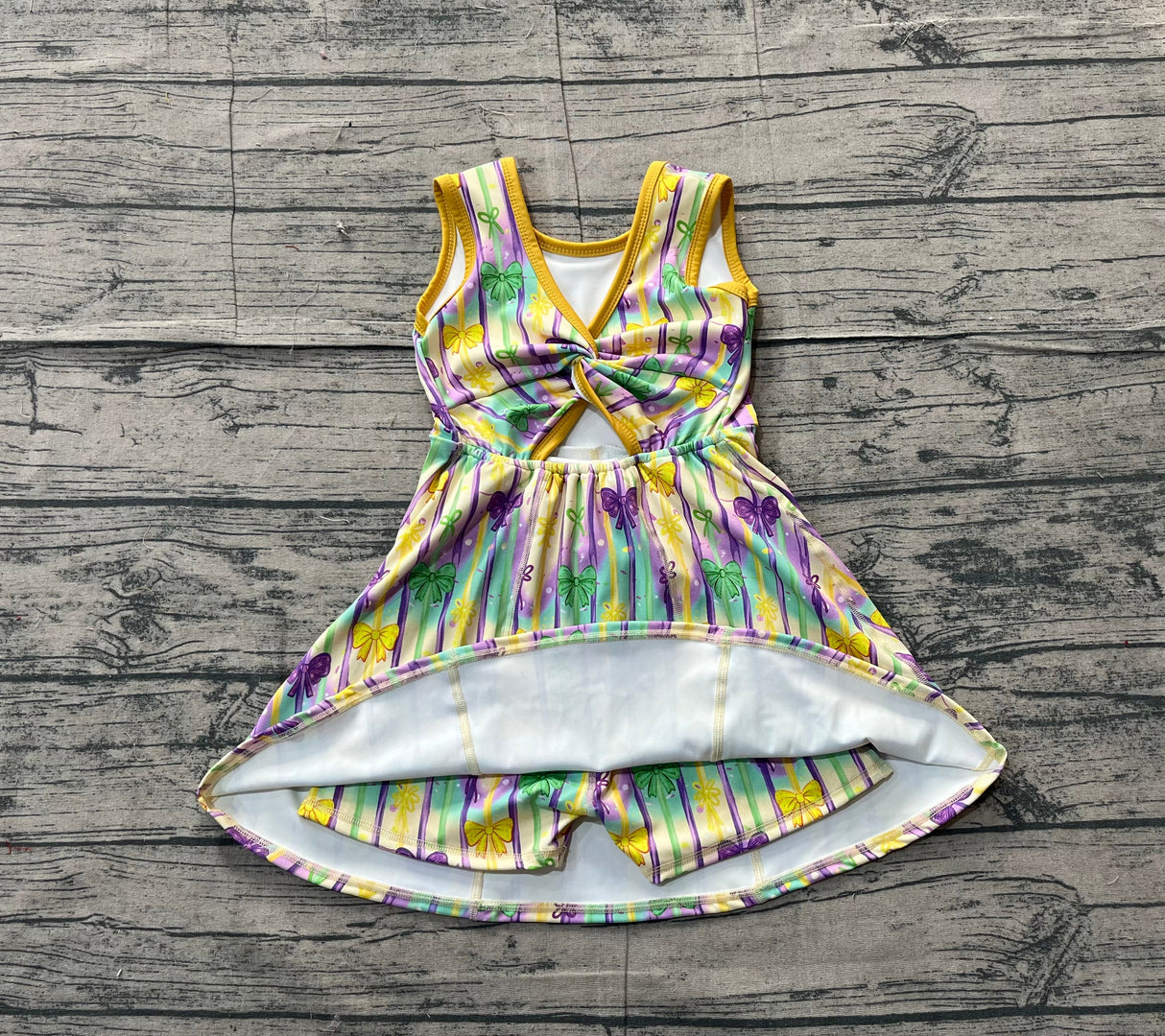 Yellow green purple bow kids girls Mardi Gras athletic dress