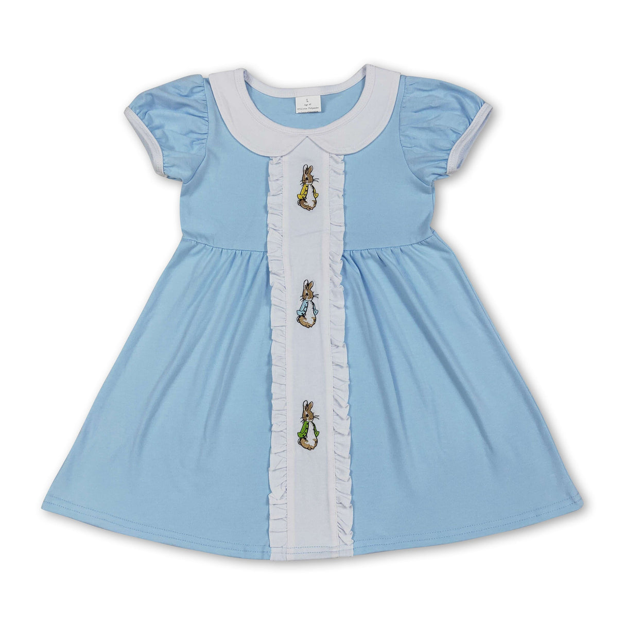 Light blue short sleeves rabbit embroidery girls Easter dress