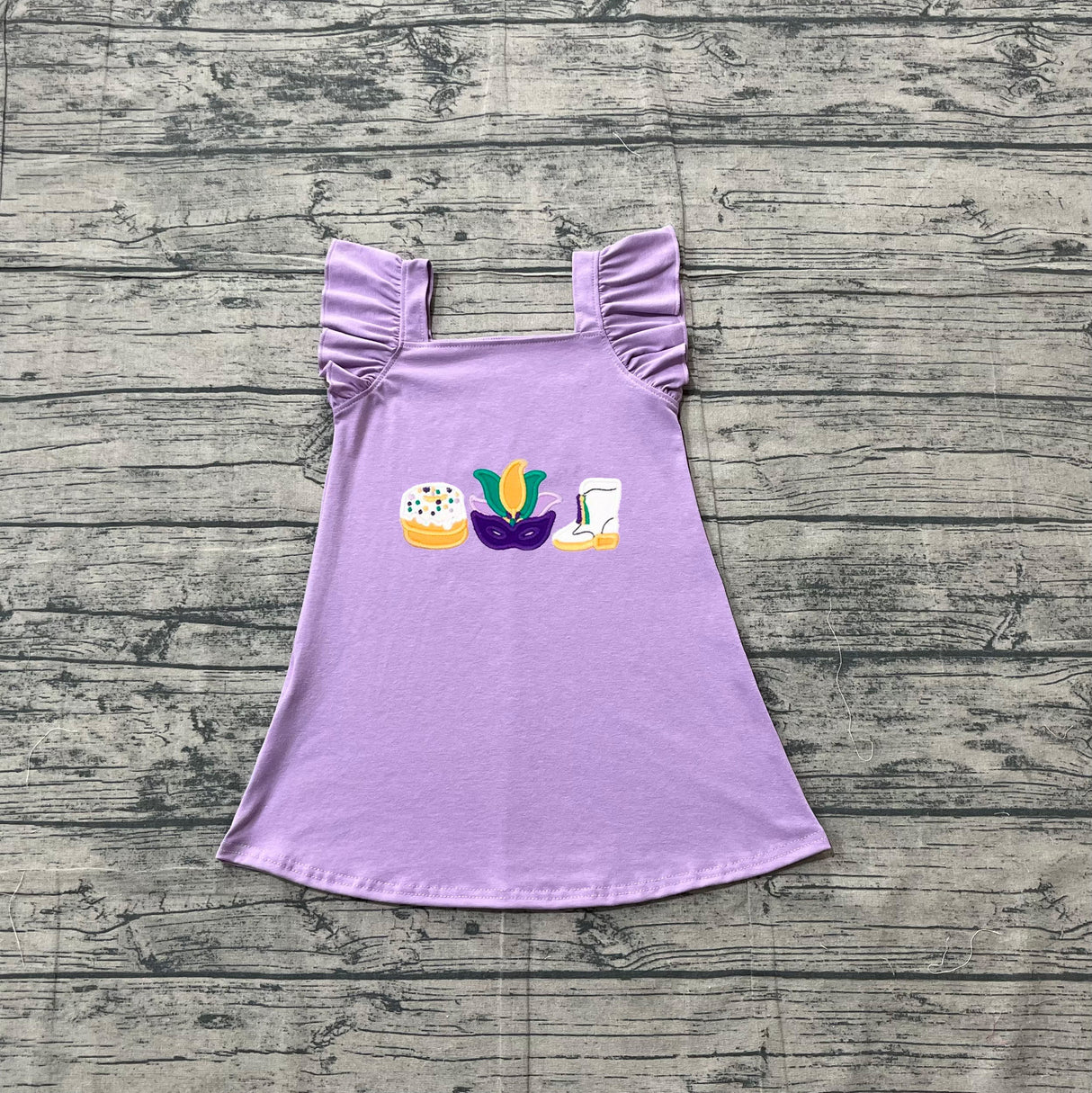 Lavender donut boots embroidery girls Mardi Gras dress