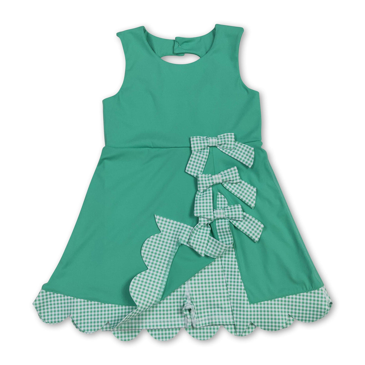 Scallop plaid bow green kids girls summer athletic dress