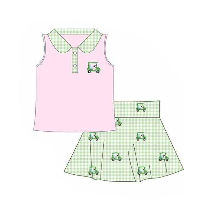 Sleeveless pink golf car top skirt kids girls clothing set