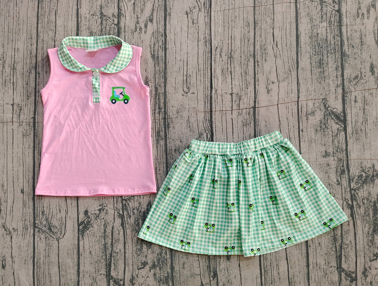 Sleeveless pink golf car top skirt kids girls clothing set