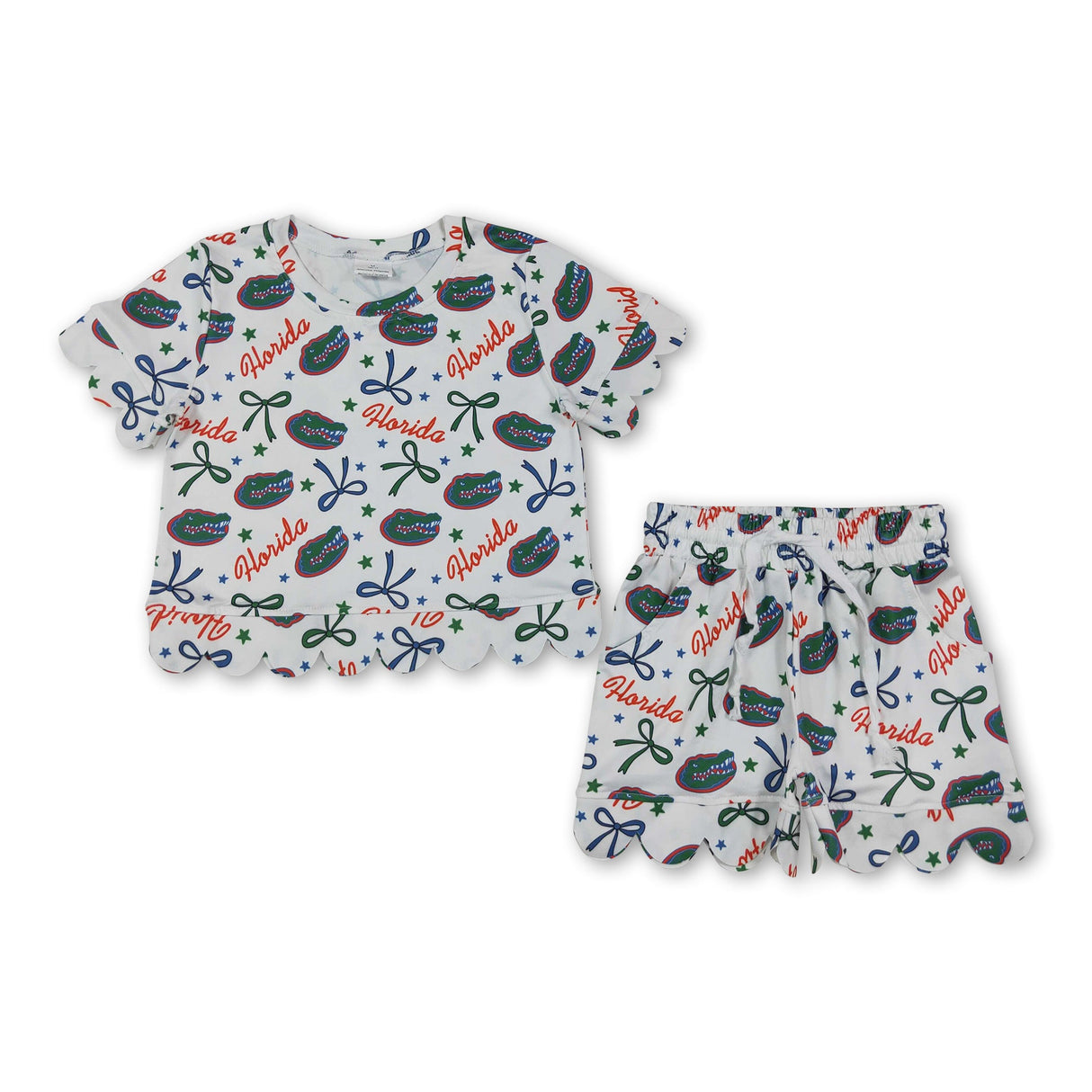 Short sleeves crocodile bow scallop girls team outfits
