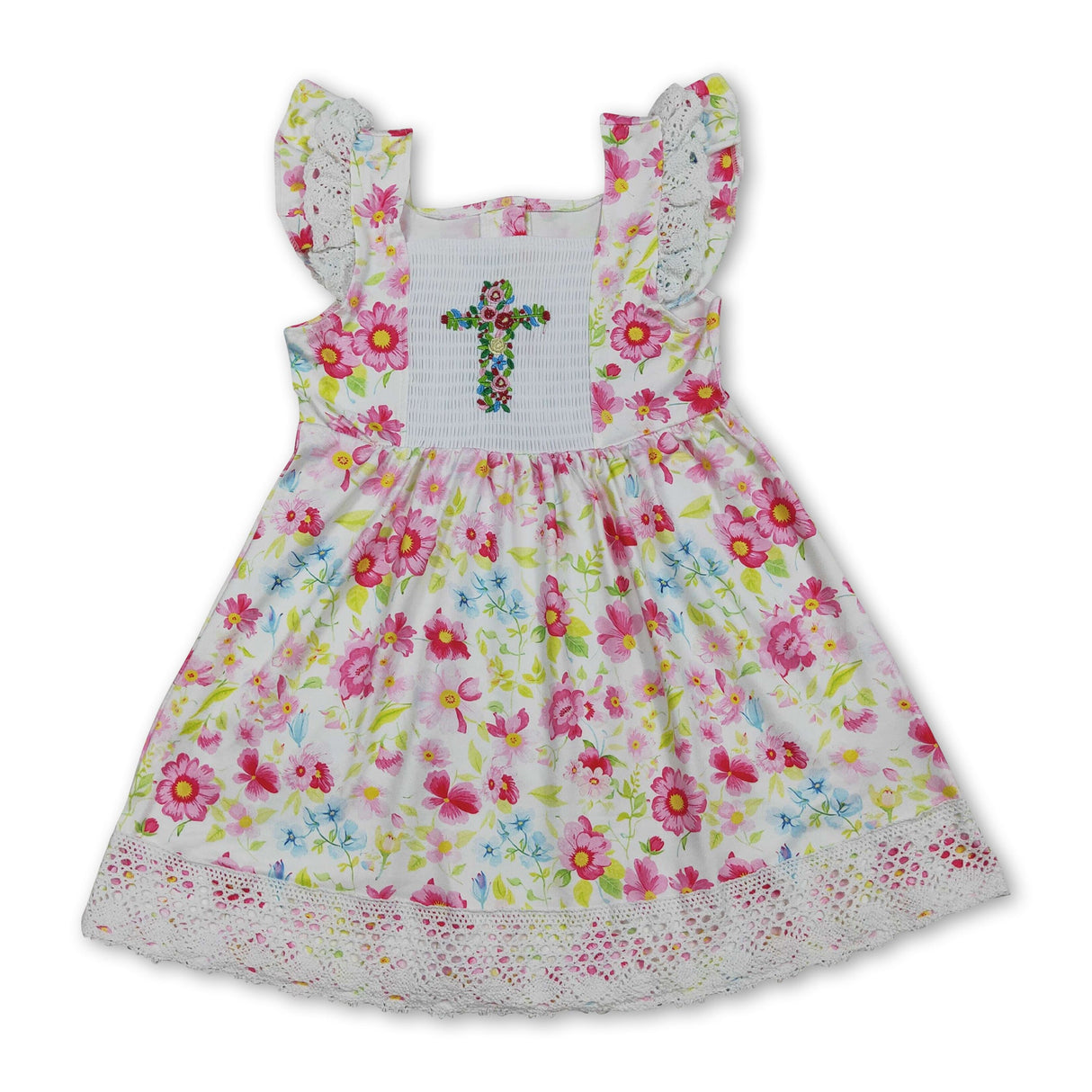 Floral flutter sleeves cross embroidery girls Easter dresses