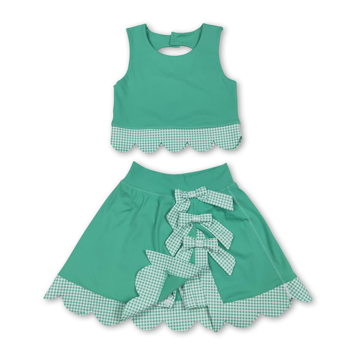 Scallop green crop top plaid bow skirt kids girls active set