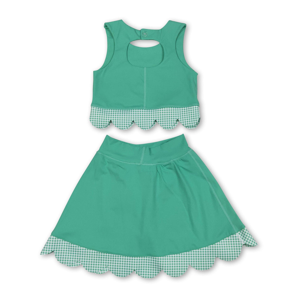Scallop green crop top plaid bow skirt kids girls active set