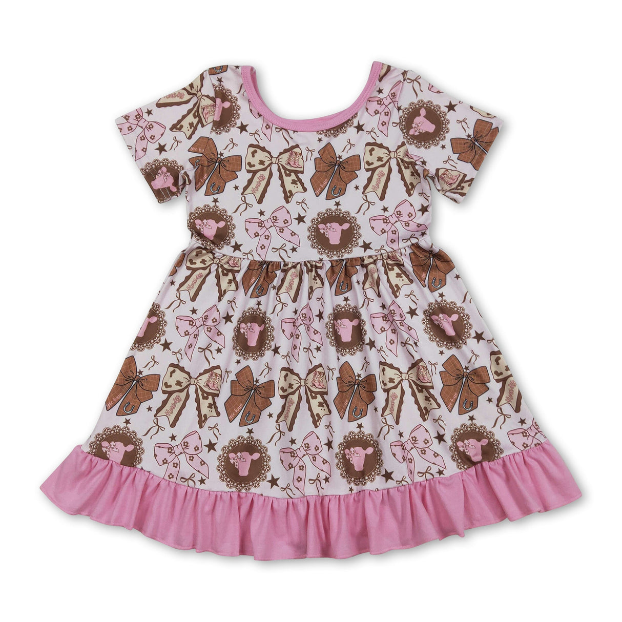Short sleeves pink ruffle cow bow western girls dresses