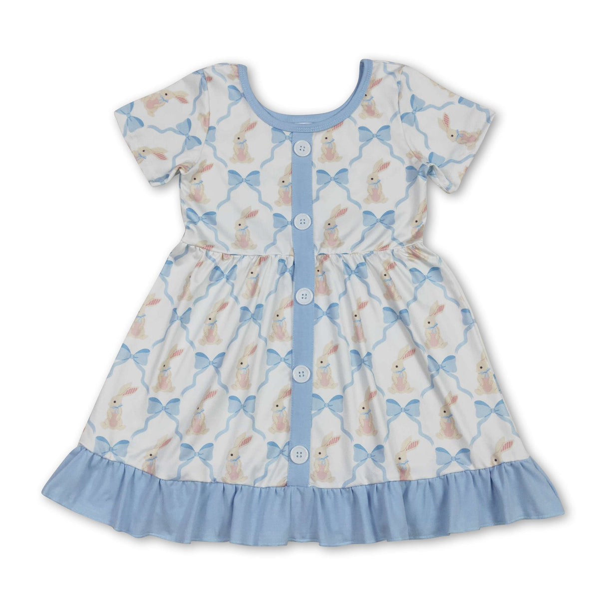 Short sleeves blue bow rabbit ruffle girls Easter dresses