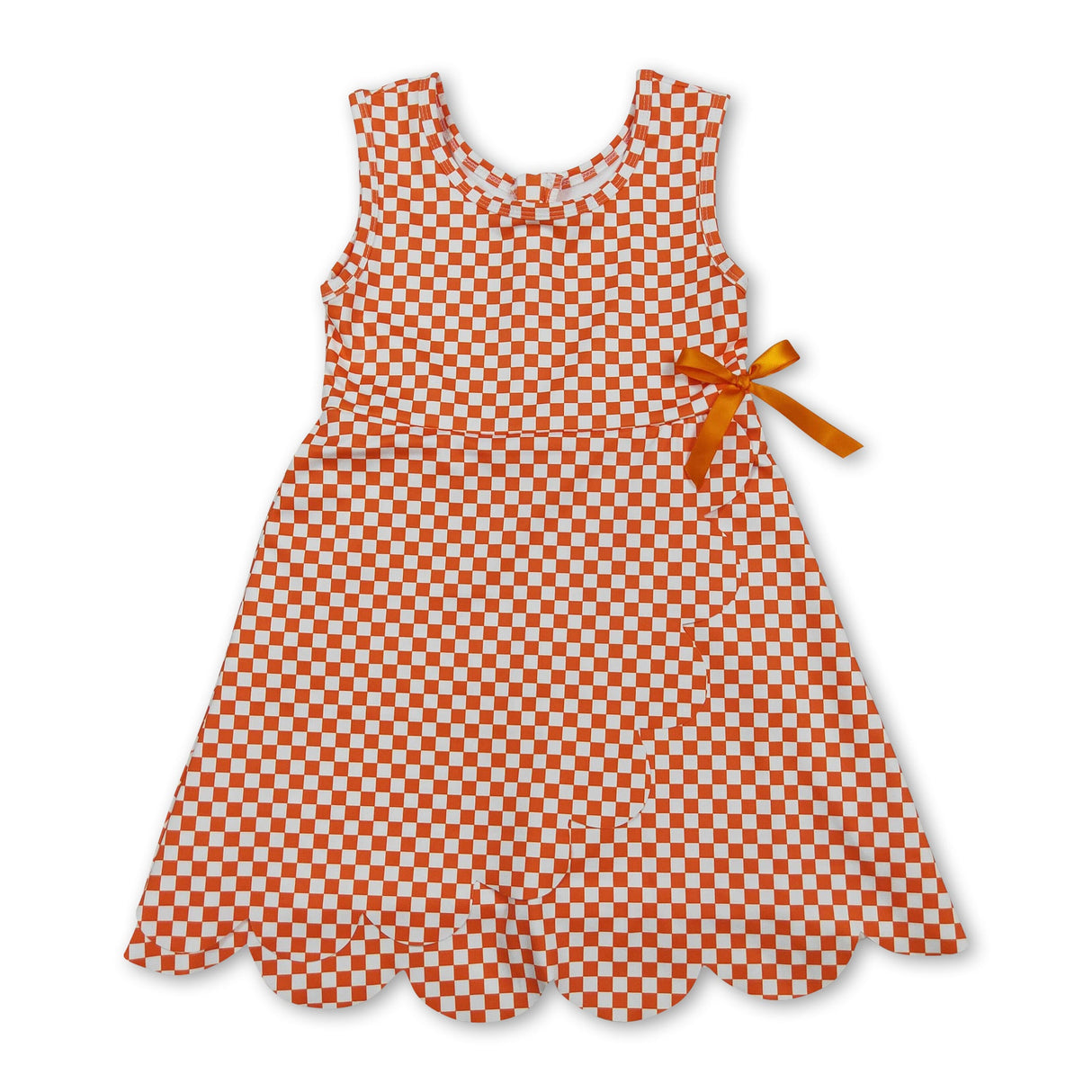 Sleeveless orange plaid scallop kids girls athletic dress