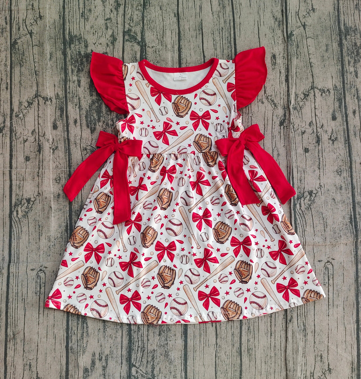 Red bow flutter sleeves baseball kids girls dresses