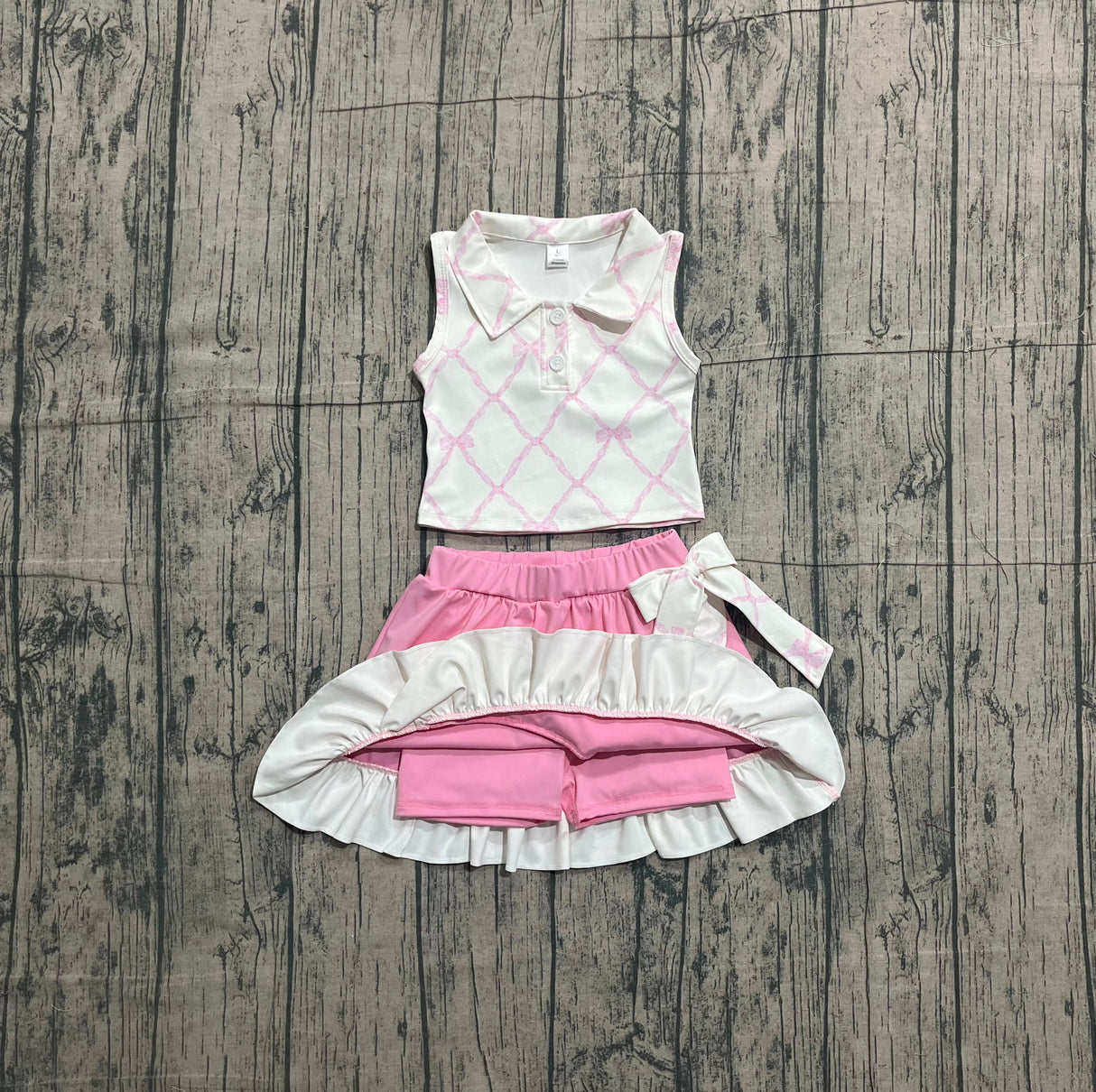 Sleeveless pink bow top ruffle skirt girls activewear set
