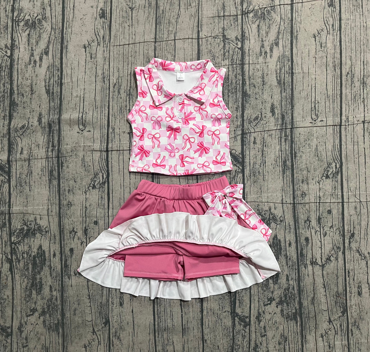 Sleeveless plaid bow top ruffle skirt girls activewear set