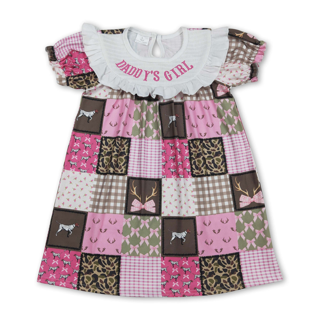 Short sleeves daddy's girls smocked camo bow dresses