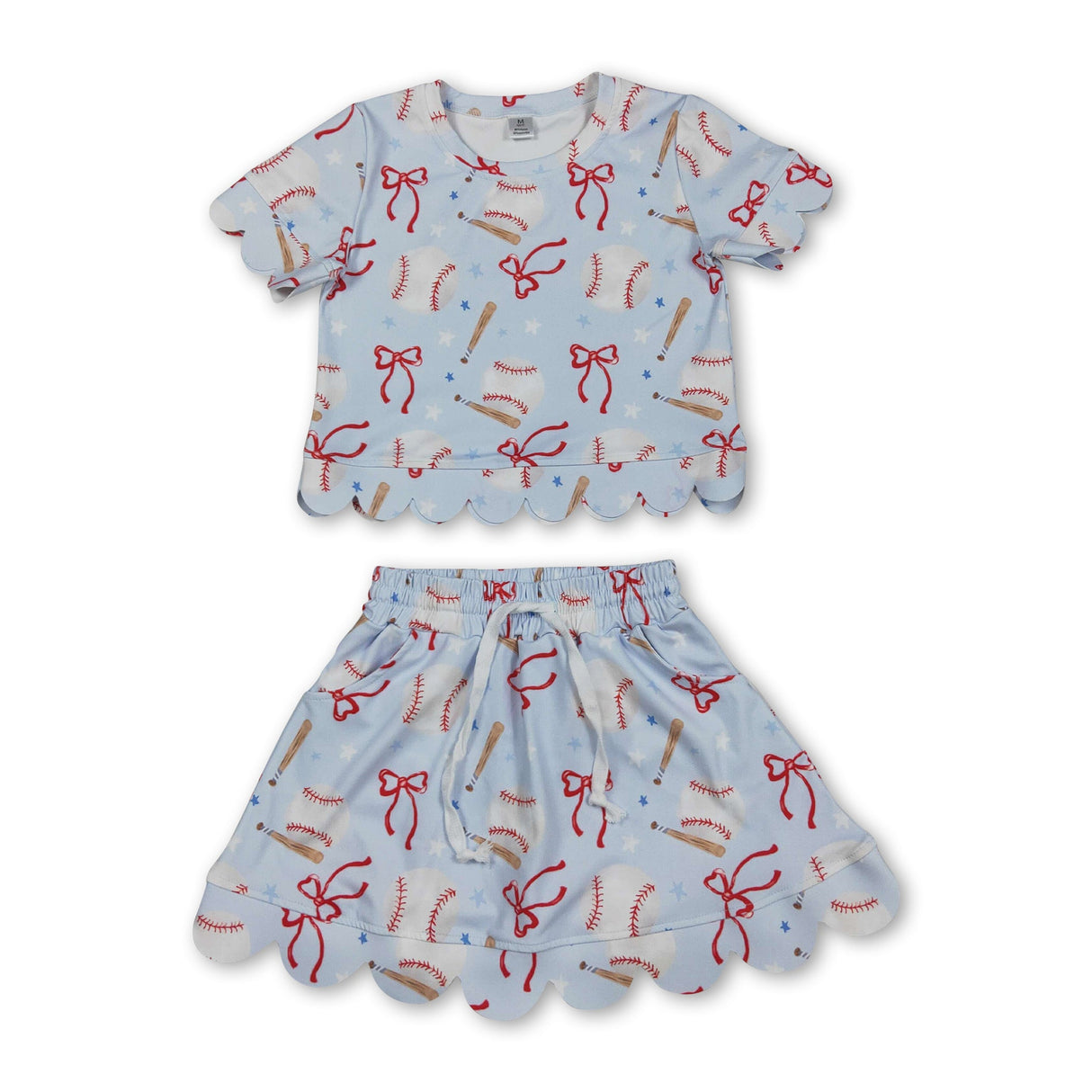 Short sleeves baseball bow scallop top skirt girls active outfit