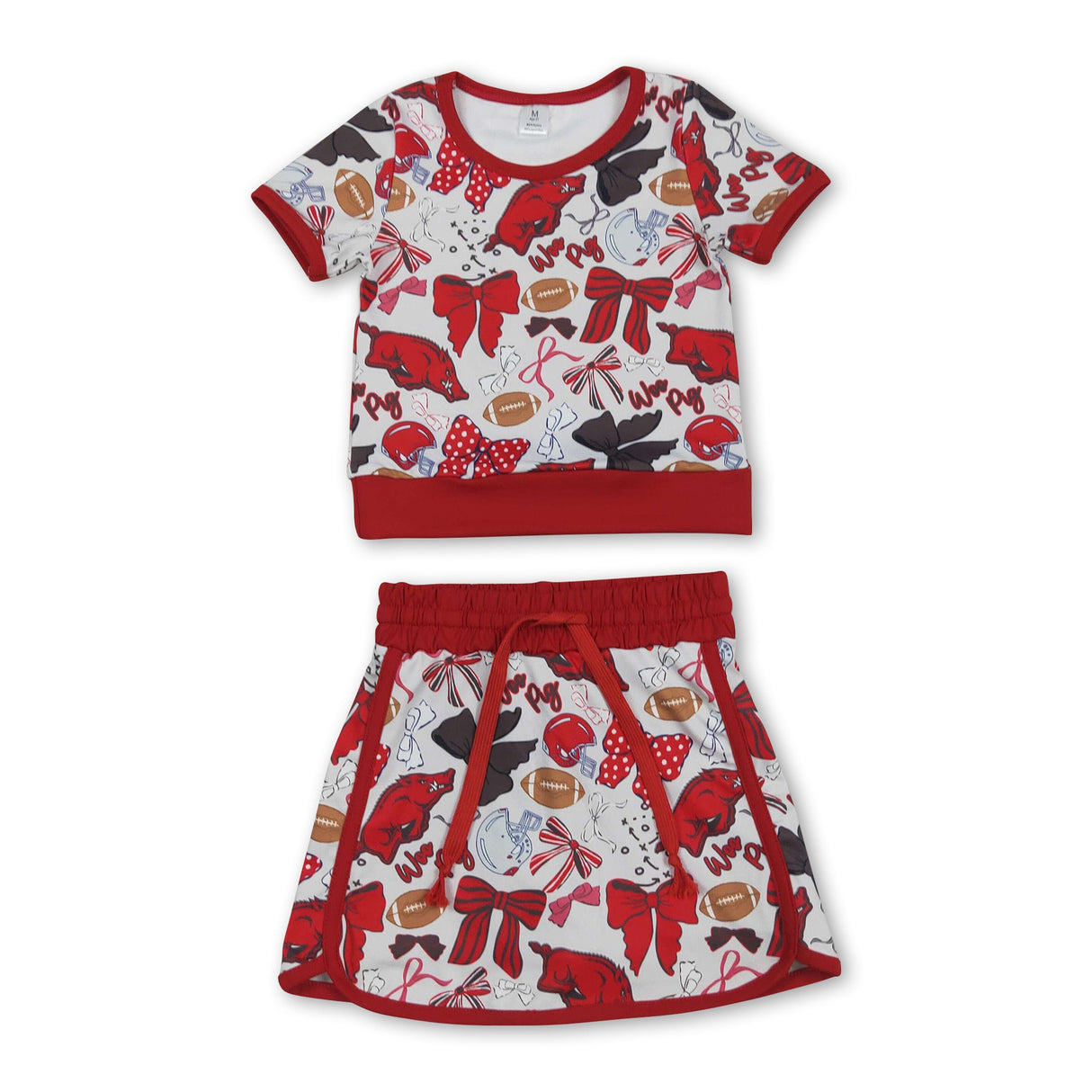 Short sleeves hogs bow top skirt girls team active wear set