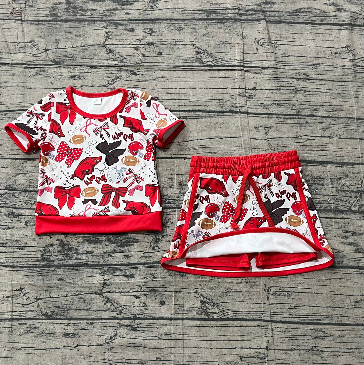 Short sleeves hogs bow top skirt girls team active wear set