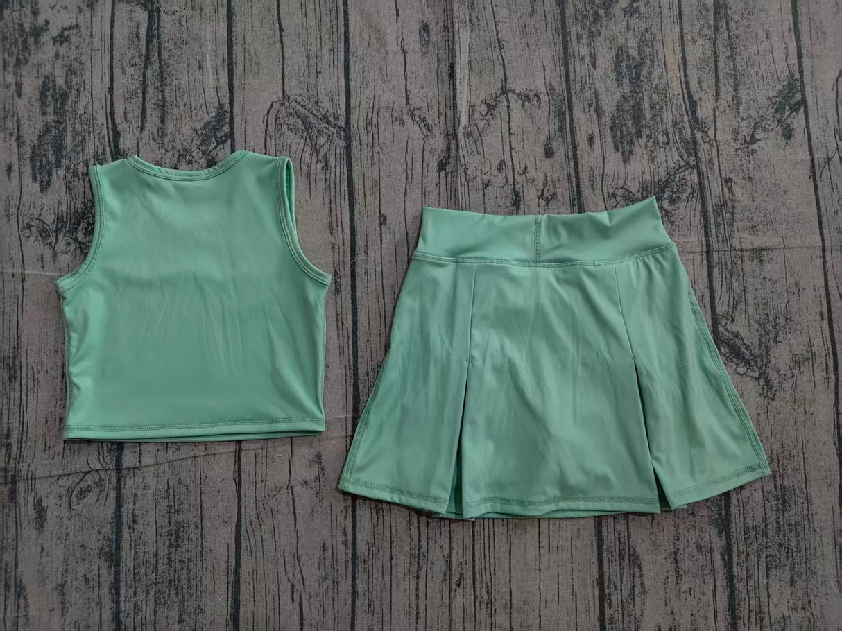 Sleeveless green crop top bow skirt kids girls summer active set