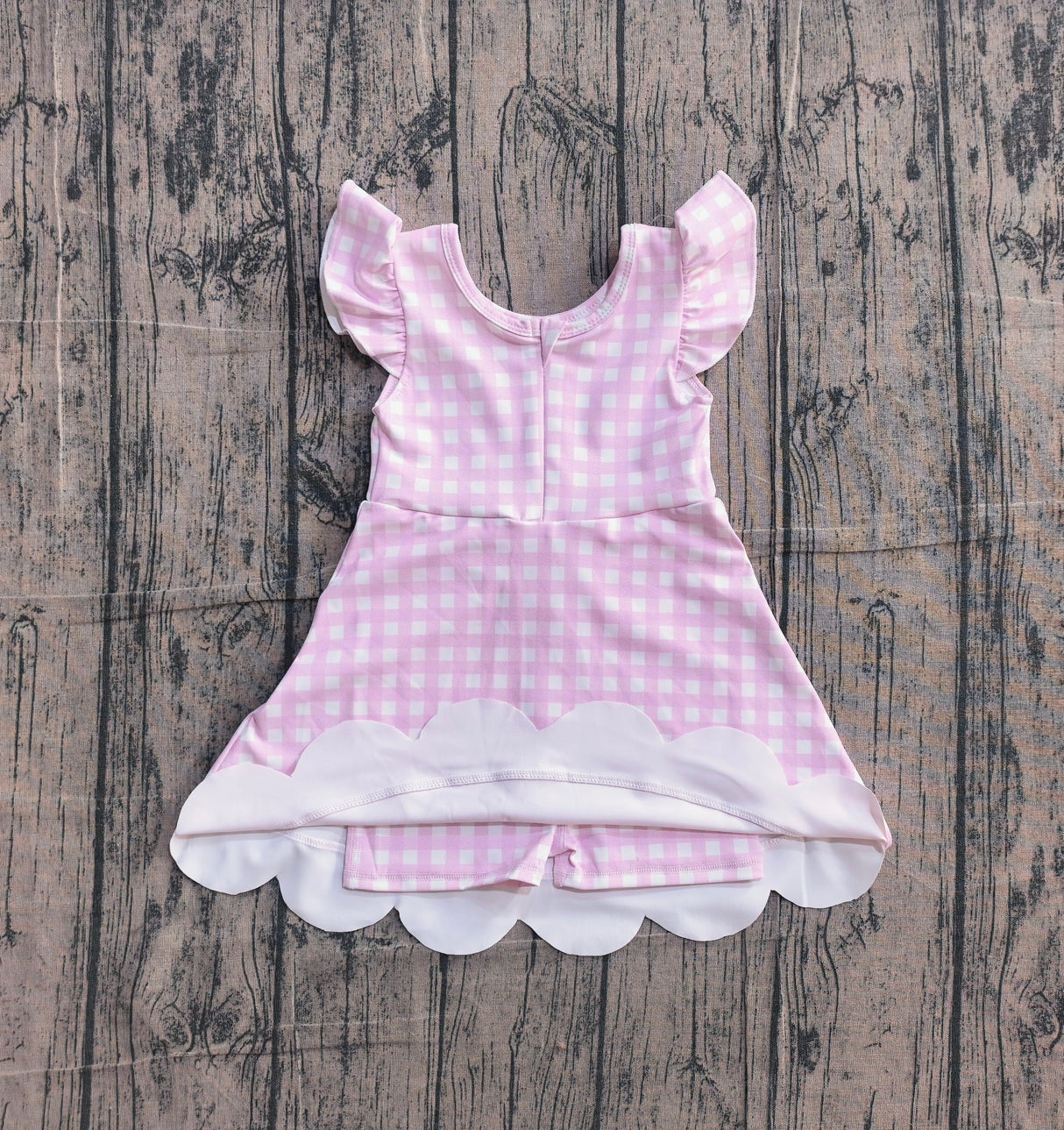 Pink plaid flutter sleeves scallop kids girls athletic dress