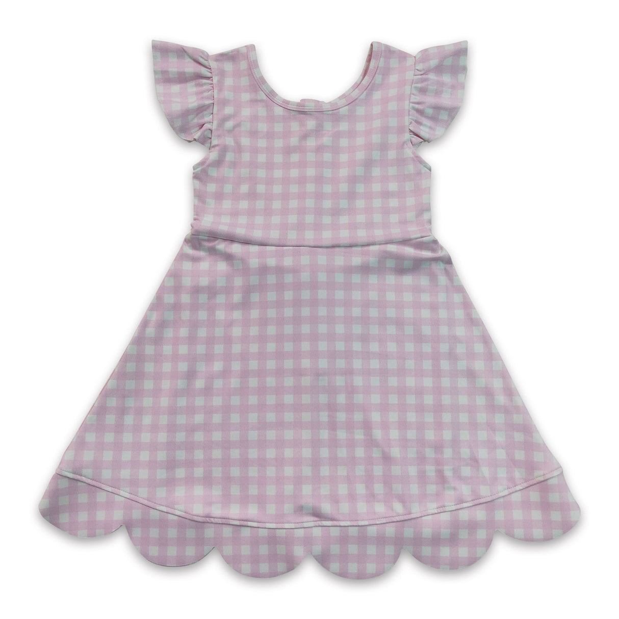 Pink plaid flutter sleeves scallop kids girls athletic dress