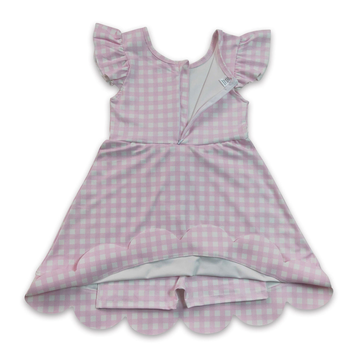 Pink plaid flutter sleeves scallop kids girls athletic dress