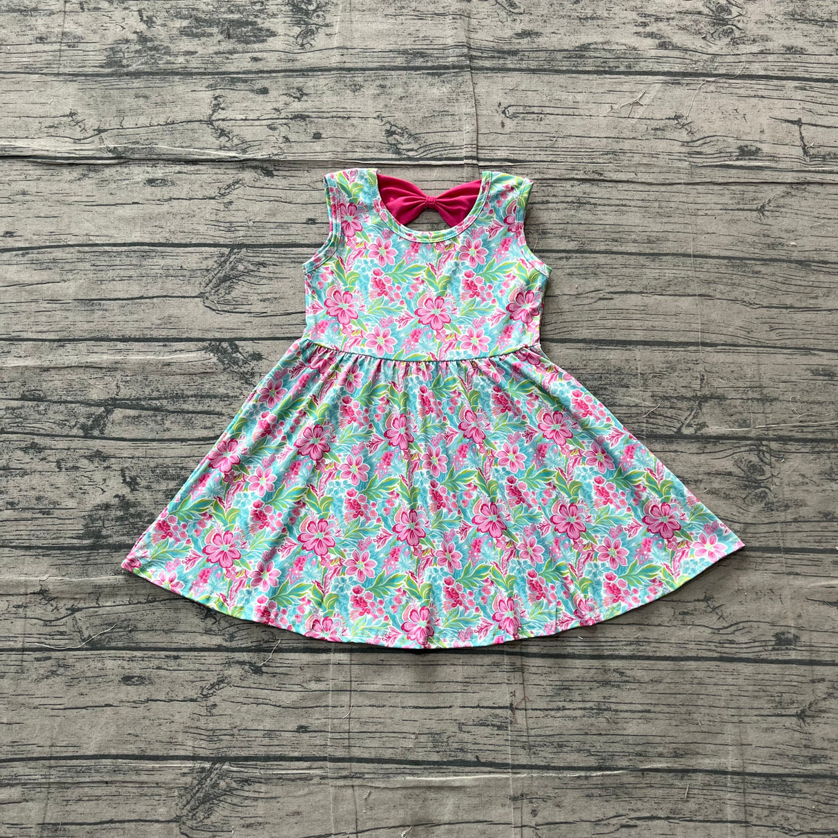 Sleeveless pink floral bow kids girls summer dress