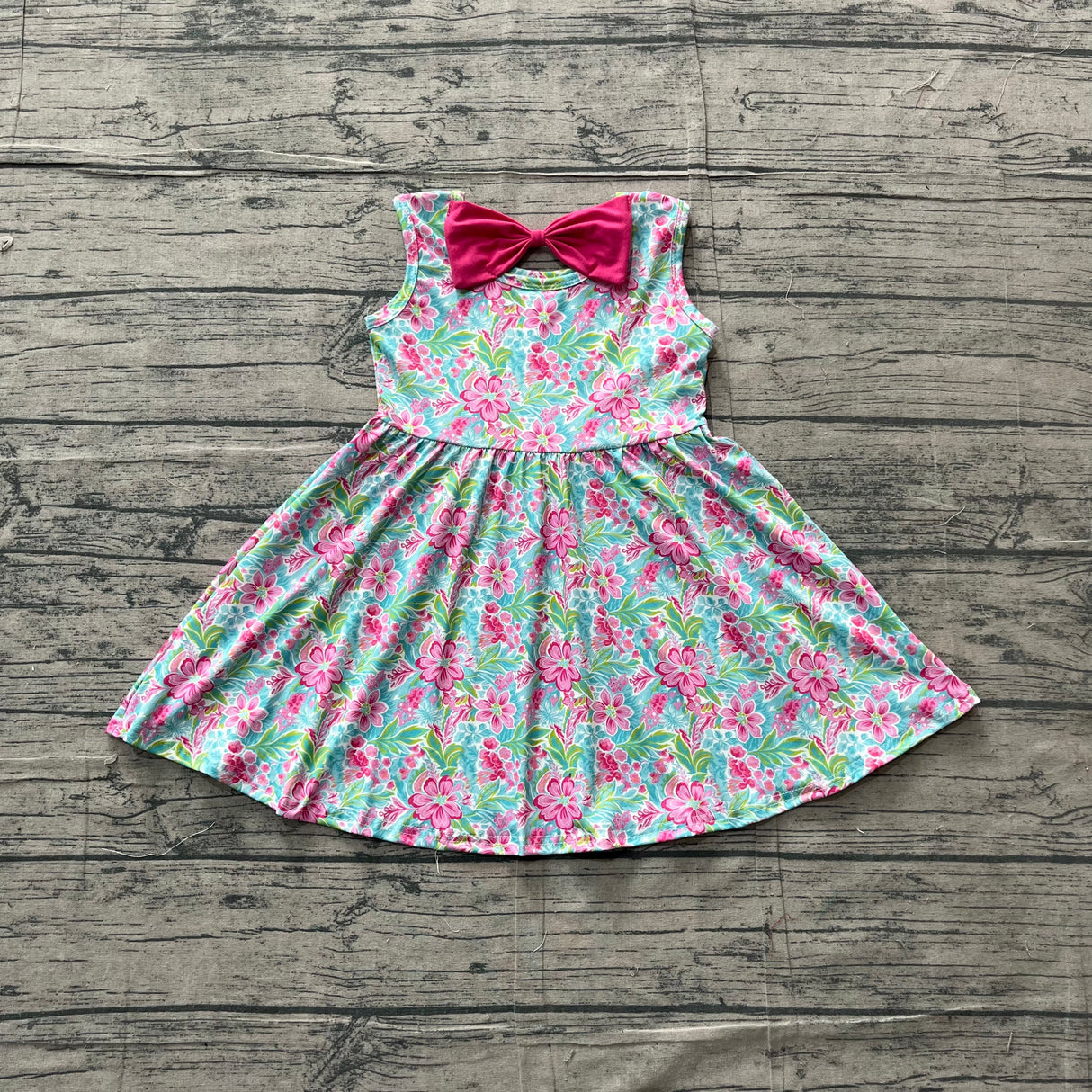 Sleeveless pink floral bow kids girls summer dress